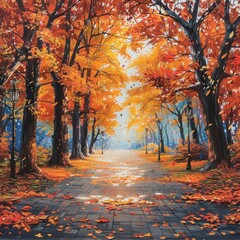 Fototapeta premium Autumn park path with colorful foliage.