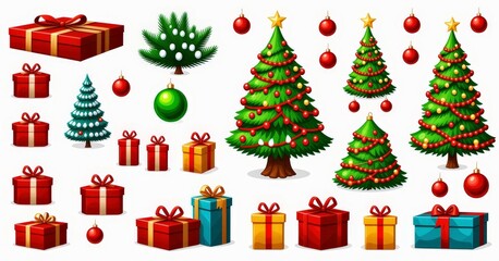Festive Christmas Trees and Holiday Gifts Featuring Colorful Decorations and Ornaments
