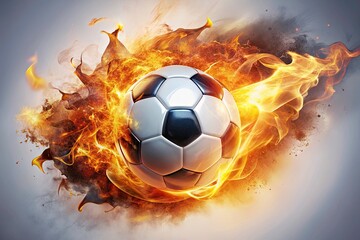 Fototapeta premium Fiery Soccer Ball Double Exposure: Ignite Your Passion for Sports with Dynamic Imagery of a Soccer Ball in Flames Isolated on White Background for High-Impact Visuals
