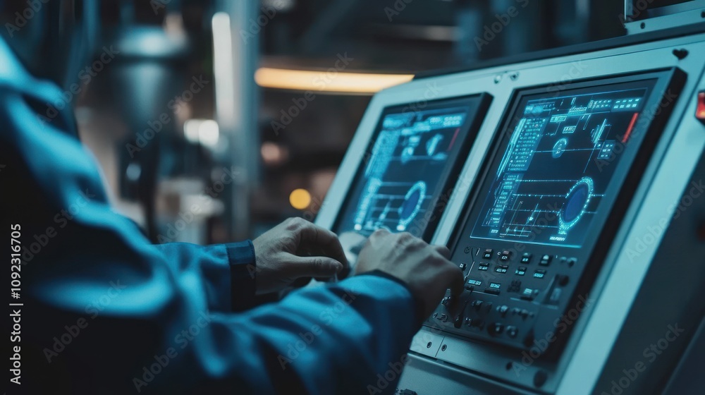 Poster technician operating advanced industrial control panel system