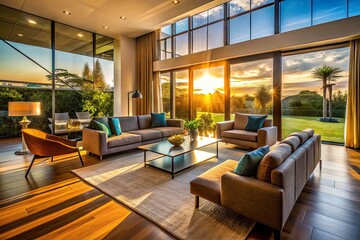 Fototapeta premium Modern Silhouette Photography of Interiors in a New House, Showcasing Elegant Design, Contemporary Furniture, and Cozy Atmosphere for Real Estate and Interior Design Inspiration