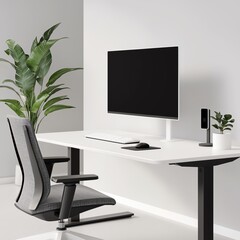 Modern home office setup with a stylish desk, chair, and indoor plant enhancing the environment.
