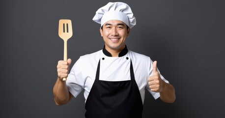 Naklejka premium Cheerful Chef in Uniform Holding Spatula and Giving Thumbs Up for Cooking Fun