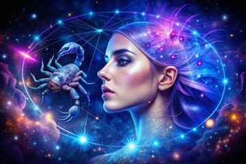 Double Exposure Photography Capturing the Essence of Scorpio Horoscope with Celestial and Mystical Elements in a Dreamlike Composition