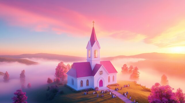 A serene church surrounded by blooming trees and misty hills at sunrise, symbolizing faith and purity in celebration of Immaculate Conception Day