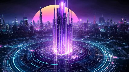 Towering crystal spire rises from circular platform amidst sprawling futuristic cityscape. Geometric patterns pulse with neon purple energy. Flying vehicles traverse circular pathways.  - Powered by Adobe