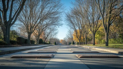 A tree-lined street featuring speed bumps in a tranquil setting.