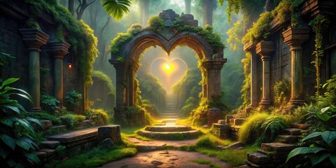 Fototapeta premium Glowing Heart in Mystical Ancient Setting - Enchanted, Ethereal, Fantasy, Spirituality, Ancient Ruins, Heart Symbol, Magical Light, Nature