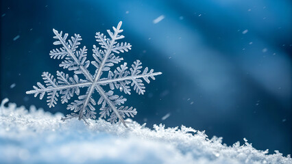 A snowflake is shown in the dark with snow flakes on it's sides and a blue background.