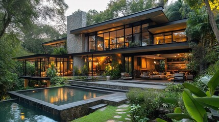 Modern home surrounded by lush greenery and garden