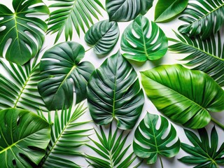 Fototapeta premium Tropical Flat Lay with Monstera Leaves and Foliage on White Background for Stunning Food Photography