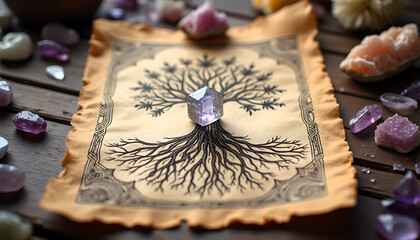 Crystalline healing grid and Sacred Geometry featuring the Tree of Life on a textured paper backgroun