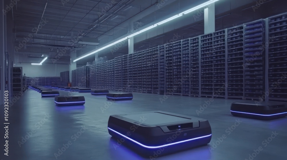 Poster autonomous robots navigate modern warehouse storage facility