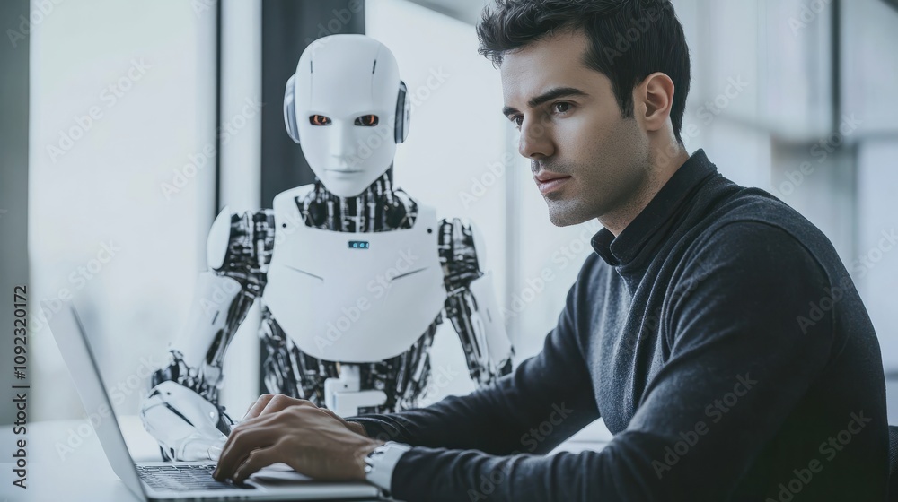 Poster man using laptop for searching of technology smart open ai or artificial intelligence using an artif