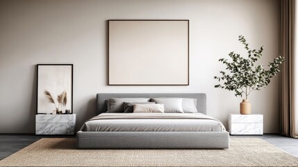 A modern bedroom featuring a gray bed, minimal decor, a large blank canvas, and a plant for a fresh touch.