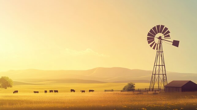 Windmill Sunset in a Farm