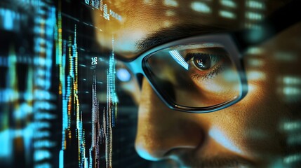 Man in Glasses Viewing Digital Data Streams