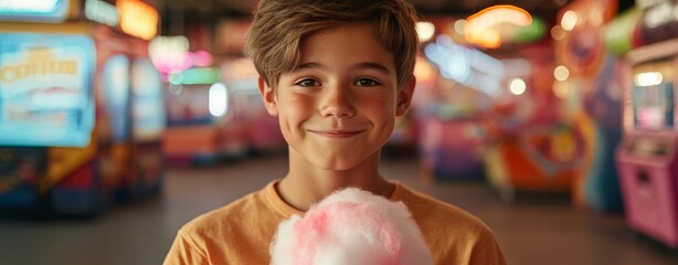 National Cotton Candy Day, Joyful Teenage Boy With Cotton Candy at Amusement Park