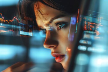 Woman Observing Data Streams On Futuristic Interface