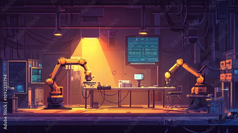 Poster Futuristic Laboratory With Robotic Arms And Computer Systems