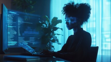 Office computer, hologram or night person reading future administration dashboard, research chart or ui software. Digital transformation, cloud computing overlay and black woman work on data analysis
