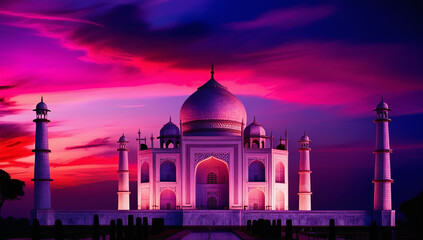 Naklejka premium Taj Mahal under a Vibrant Sunset: Colors of the Sky: Taj Mahal at Sunset