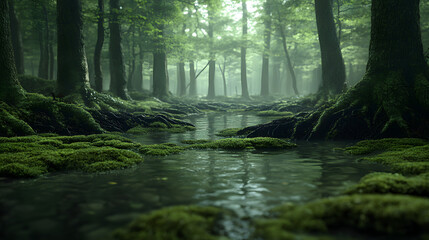 Fototapeta premium A Fantastical Underground Stream Surrounded by Lush Moss and Bioluminescent Flora in a Hidden Ecosystem