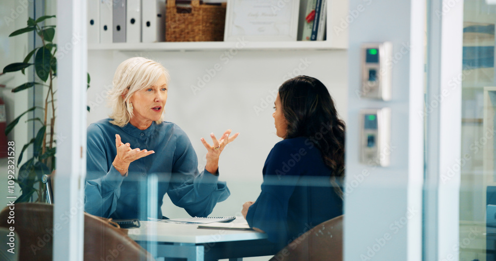 Fototapete Serious, HR and meeting with employee, talking and discussion for poor performance and journalist. Error, women and explaining to worker, conversation and policy violations of company or disciplinary