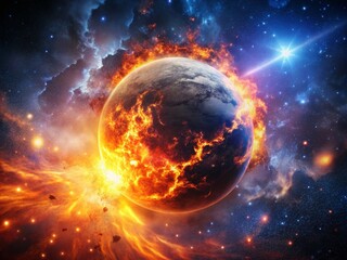 Dramatic Silhouette of a Planet Exploding in a Cosmic Landscape with Fiery Debris and Starry Background, Evoking the Power of Space Destruction and Celestial Events