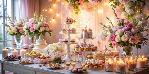Dreamy Dessert Table for Romantic Lovers in Heaven with Exquisite Treats, Soft Lighting, and Ethereal Atmosphere Perfect for Celebrating Love and Sweet Moments Together