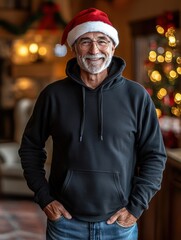 Obraz premium Photorealistic mockup of a cheerful 50-year-old man wearing a plain hoodie and jeans with a red Christmas hat, standing in a festive holiday environment, ideal for design overlay and showcasing