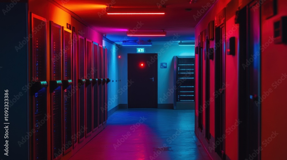 Aufkleber neon lit server room corridor with data storage units