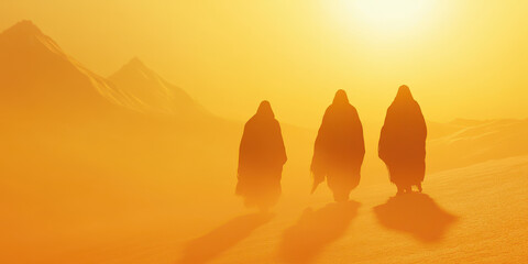 Fototapeta premium Mystical silhouettes in a desert sunset landscape
