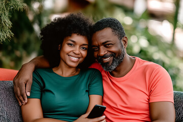 Obraz premium A man and woman are sitting on a couch, smiling at the camera