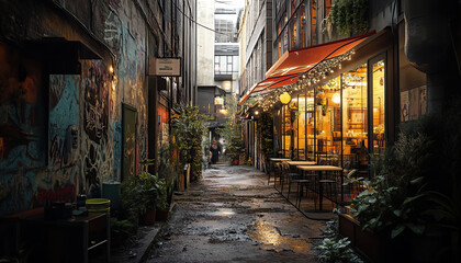 Naklejka premium Crumbling alley transformed into a cozy café space
