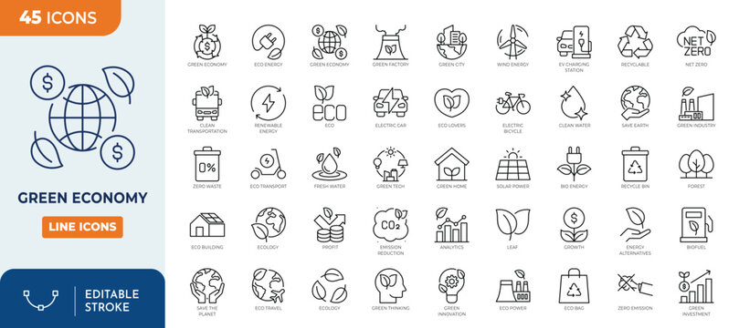 Green economy icon set. financial growth, green city, zero waste,global consumption, ecology, solar energy and more. Outline Icon Collection. Vector illustration. Editable stroke	