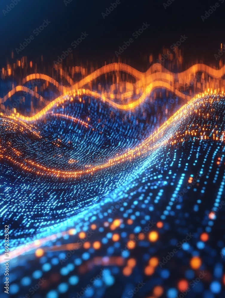 Poster abstract virtual digital stream. flowing binary code and neon glowing wave. storage cloud structure.