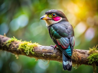 Fototapeta premium Dusky Broadbill Perched on a Tree Branch in Low Light: A Rare Bird Captured in Its Natural Habitat Amidst the Soft Glow of Twilight for Wildlife Enthusiasts