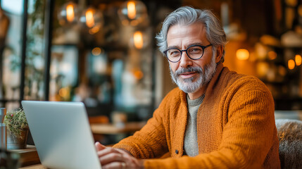 Obraz premium Mature Caucasian Male Working on Laptop in Cozy Cafe Setting