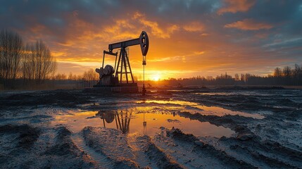Fototapeta premium Oil Pump Jack Sunset Landscape Energy Industry Mud Rural Scene