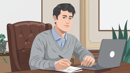 Fototapeta premium Man Working at Desk with Laptop and Pen