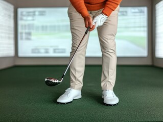 A golfer preparing to swing indoors, surrounded by high-tech equipment and screens displaying game statistics.