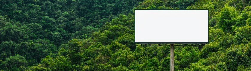 Fototapeta premium A scenic roadside view with a blank billboard standing against a backdrop of lush green forest
