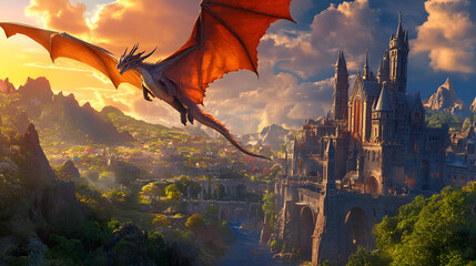 Majestic dragon soaring over a fantasy castle landscape during sunset, filled with adventure