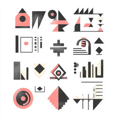 Obraz premium A collection of brutalist geometric shapes and symbols, incorporating simple, primitive elements and forms. The design draws inspiration from Bauhaus principles, characterized by clean lines, function