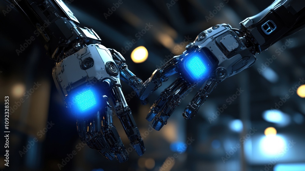 Poster Two Robotic Hands Reaching Towards Each Other In A Dark Setting