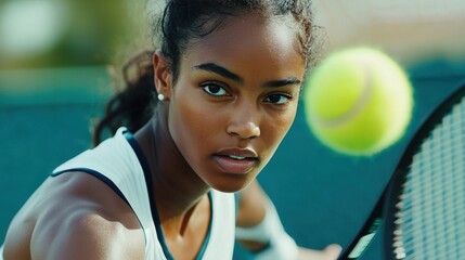 Focused Tennis Player Engaged in Intense Singles Match, Showcasing Skill, Concentration, and determination on the Court with Tennis Ball in Motion