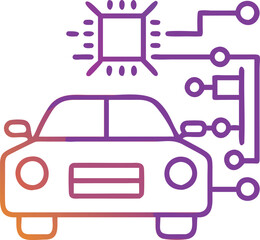 Smart Car with Circuit Chip Design, Gradient line illustration of a smart car connected to a circuit chip, symbolizing automotive electronics, intelligent systems, and advanced technology.  
