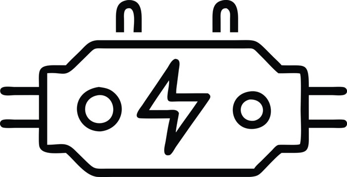 recommend clip art: Electric Power Connector Line Art Icon, Minimalist black line illustration of an electric power connector with a lightning bolt symbol, representing energy transfer and modern technology.  
                    