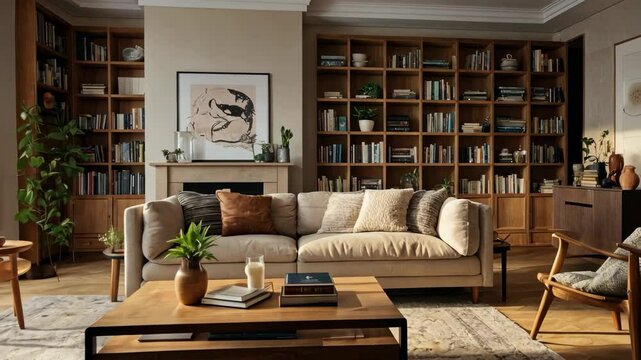 Video footage of cozy living room with a beige sofa, wooden coffee table, bookshelves filled with books, framed abstract art above the fireplace